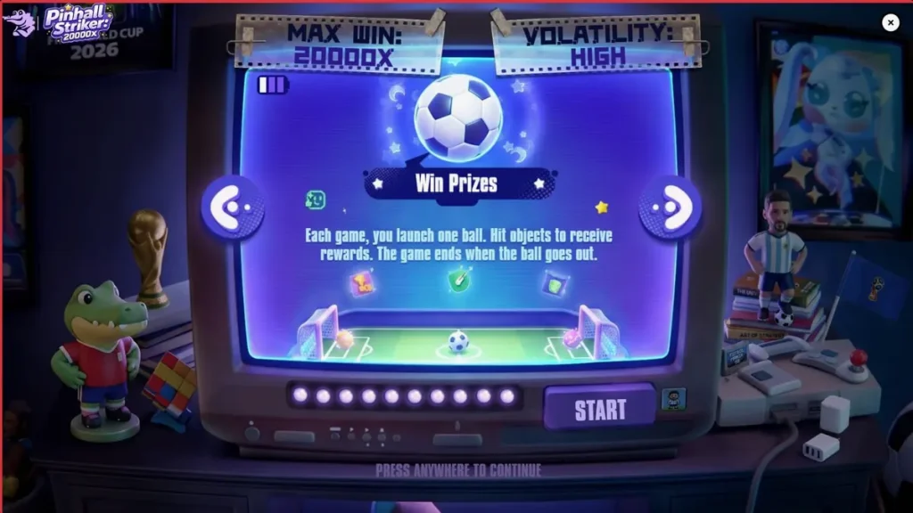 Tampilan visual neon stadion sepak bola dalam permainan slot Pinball Striker 20,000x