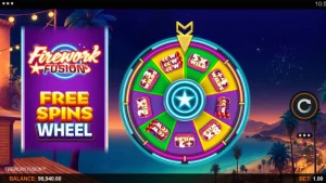 Tampilan visual slot Firework Fusion dengan latar belakang karnaval tepi pantai