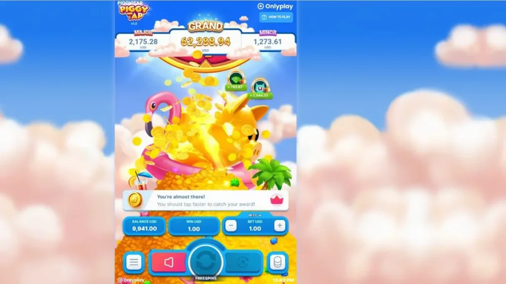 Tampilan visual Piggy Tap dengan karakter babi di atas pelampung flamingo